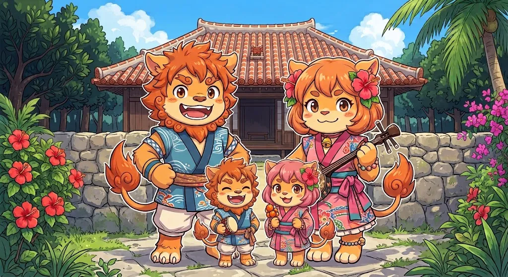 赤瓦の家と石垣の前に立つ、シーサーの家族（おきファミのマスコット）